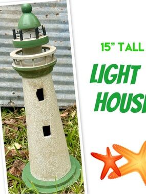 Green & Cream Coastal Lighthouse Accent - Decorative Table Sculpture